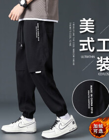 Foss Phil加绒裤子男士冬季宽松保暖运动工装束脚直筒休闲裤3308JR黑色XL