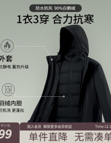 衬衫老罗两件套羽绒服男一衣三穿90白鹅绒冬季三防羽绒保暖外套男 黑色 52(156-170斤)