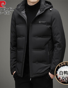 皮尔卡丹羽绒服男连帽保暖防寒服冬季鸭绒外套男士商务休闲高档男装上衣服 黑色 180/XL