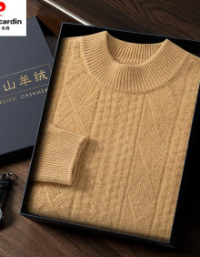 皮尔卡丹（pierrecardin）羊绒衫男半高领加厚100%山羊绒商务休闲提花针织衫套头打底毛衣男 金驼 S