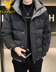 花花公子（PLAYBOY）冬季羽绒服男青少年男士短款连帽上衣服冬季加厚保暖潮流亮面外套 黑色 XL